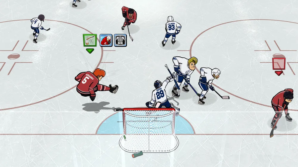 A goalie making a save and a big hit in front of the net
